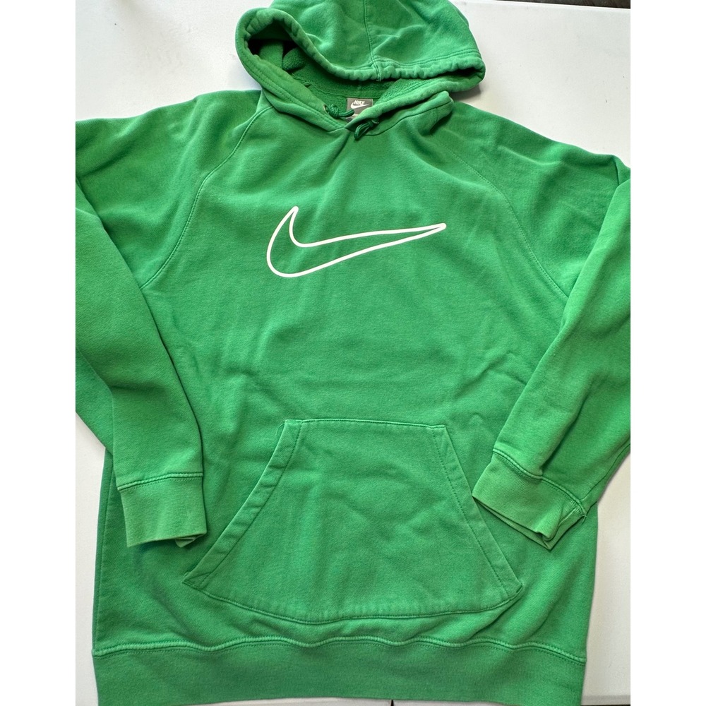 Nike Mens Pullover Hoodie Green White Swoosh Logo Fleece Sweatshirt Medium
